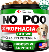 Vet Promise No Poo Chews bottle shown for easy at-home use and digestion support.