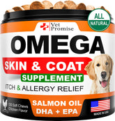 Vet Promise Omega-3 for Dogs bottle pour shows easy dosage for coat health.