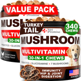 Vet Promise Turkey Tail dog chews bottle suggests potential immune support for dogs.