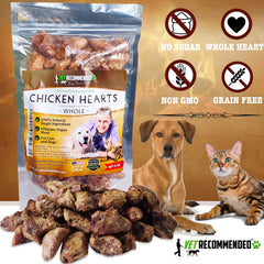 Serving suggestion with Vet Recommended chicken hearts illustrates a tasty training treat.