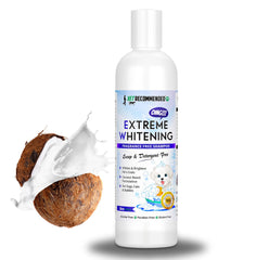 Vet Recommended OMG Extreme dog whitening shampoo bottle with coconut-based formula for gentle cleansing.