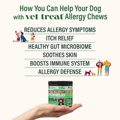 Vet Treat allergy relief chews bottle closeup showing omega-3 and colostrum for skin health.