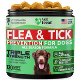Vet Treat flea and tick chews bottle offers natural prevention for dogs.