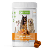 VET-VIRTUE Turmeric dog chews bottle displays ingredients and joint support.