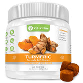 VET-VIRTUE turmeric for dogs chews bottle; convenient daily joint support for mobility.