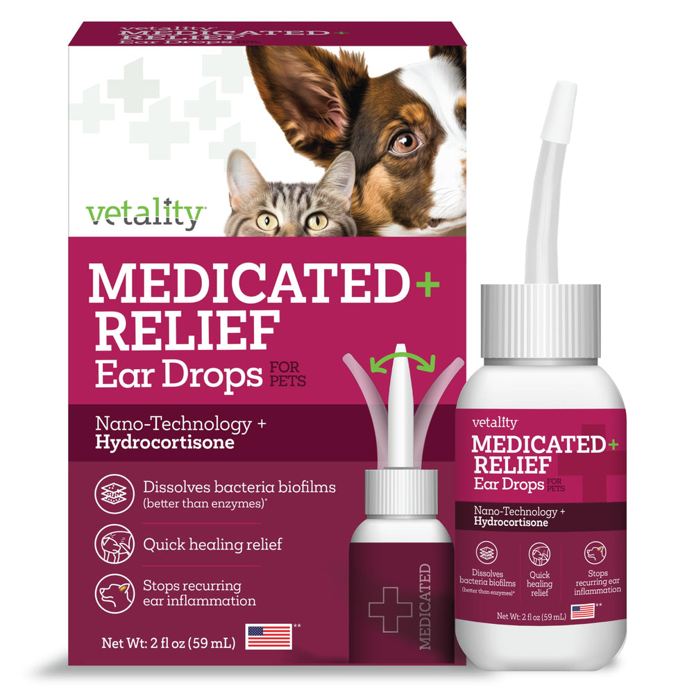 Vetality medicated otic drops bottle β targeted ear care for dogs.