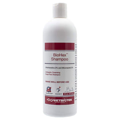 VetBioTek BioHex shampoo label close-up highlighting ceramide for skin barrier support.