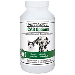 Vet Classics CAS Options Extra Strength Immune Support shiitake mushrooms shown for plant-based synergy.