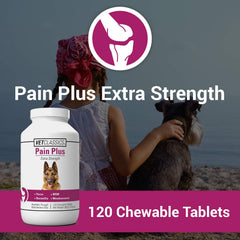 Vet Classics Pain Plus Extra Strength packaging highlights ingredients and veterinary support.