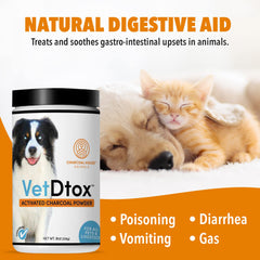 VetDtox Activated Charcoal Powder packaging, highlighting natural, safe digestion support.