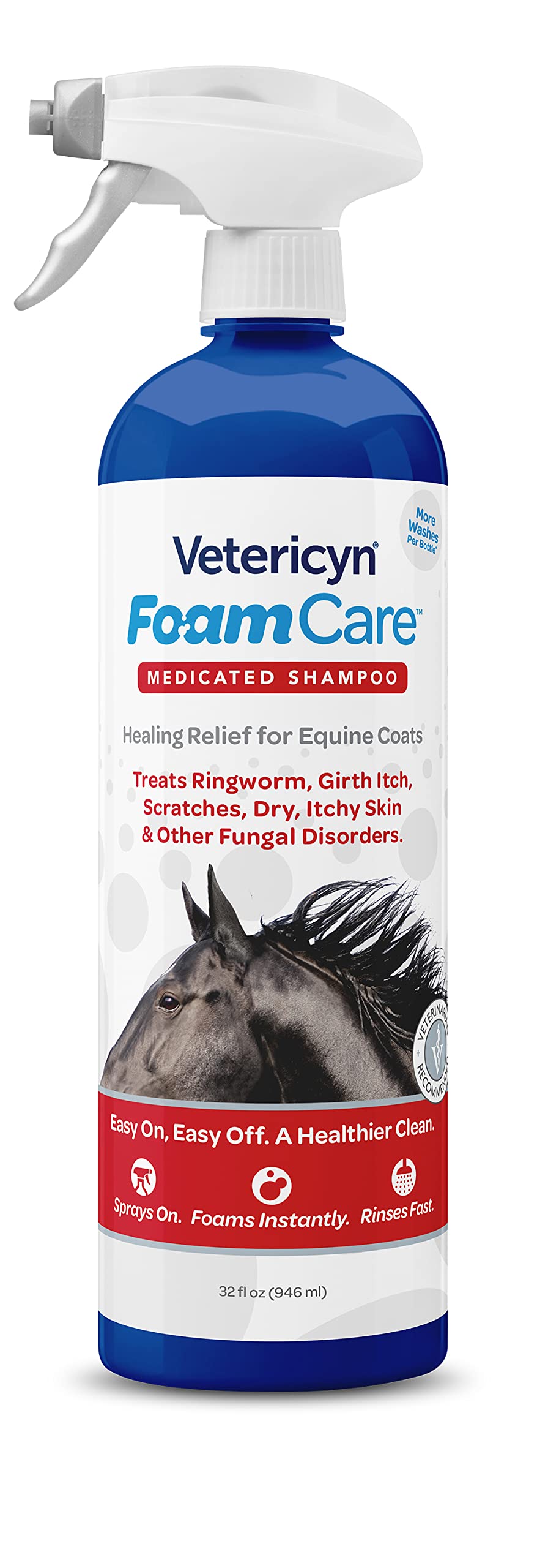 Vetericyn FoamCare medicated equine shampoo spray for even application and soothing skin support.