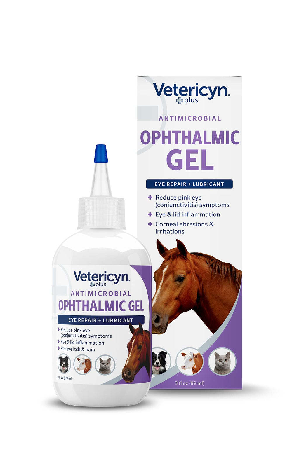 Vetericyn Plus Ophthalmic Eye Gel bottle offers antibiotic-free relief for all animal eyes.