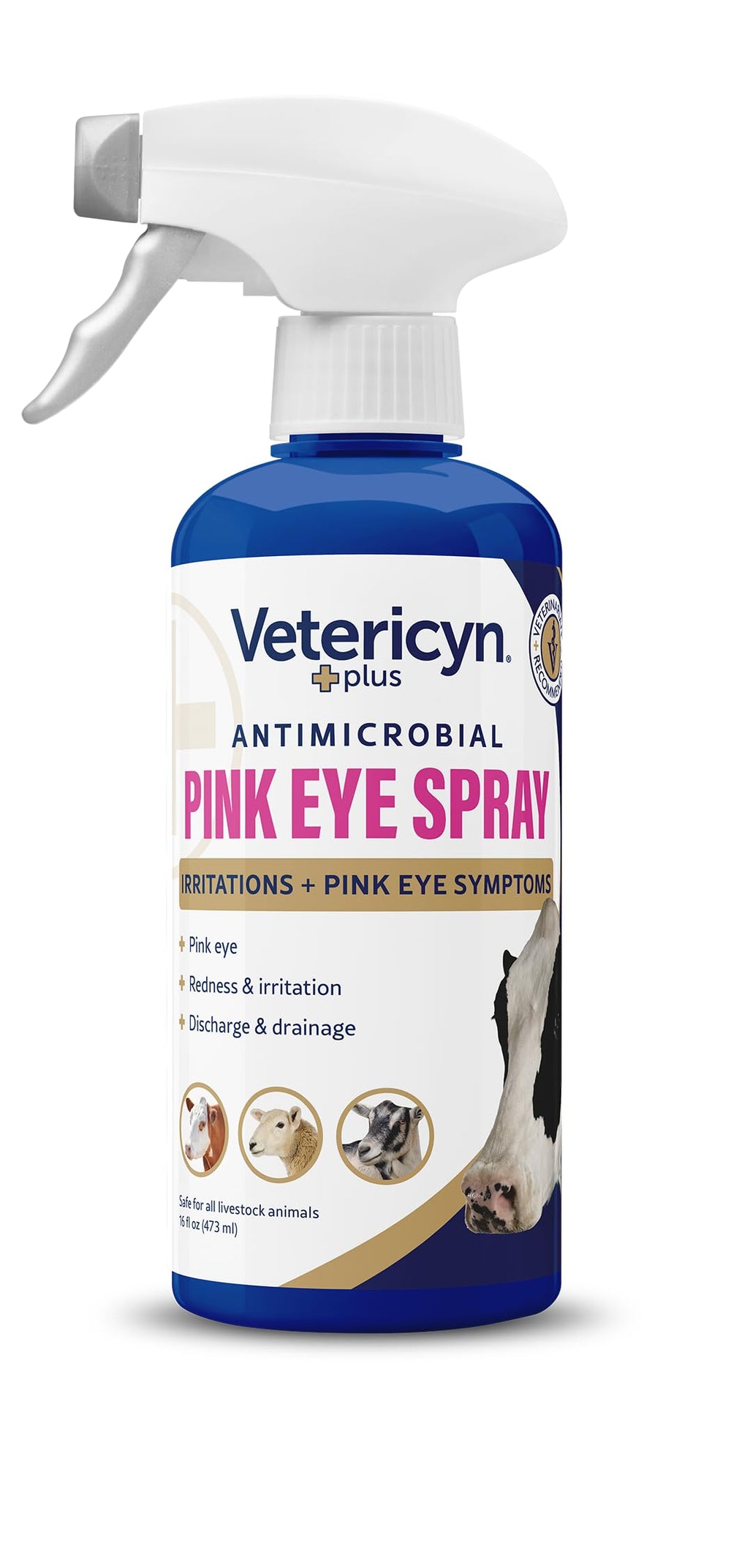 Vetericyn Plus Pink Eye Spray on livestock eye area for gentle cleaning and irritation relief.