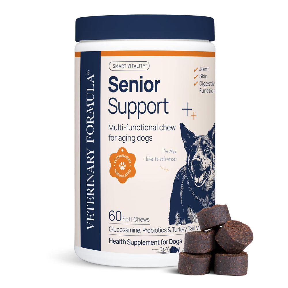 Veterinary Formula Smart Vitality Senior Support bottle pour for easy daily dosing.