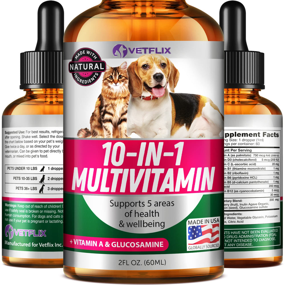Vetflix 10-in-1 pet vitamins bottle shown for joint and skin support.