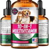 Vetflix 10-in-1 pet vitamins bottle shown for joint and skin support.