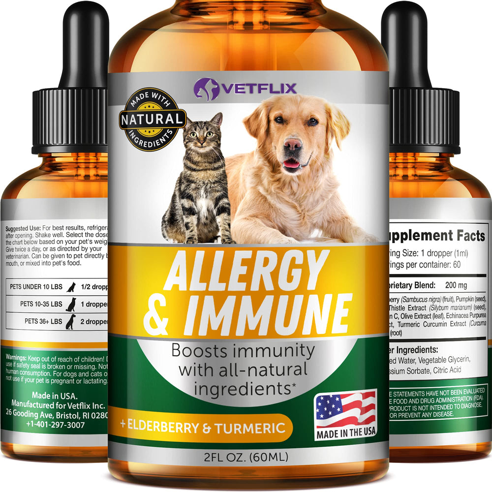 Vetflix Allergy and Immune Drops bottle label highlighting natural ingredients for immune support.