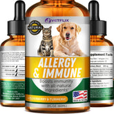 Vetflix Allergy and Immune Drops bottle label highlighting natural ingredients for immune support.