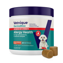 Vetnique DermaBliss Advanced Strength bottle front showing advanced allergy support potential