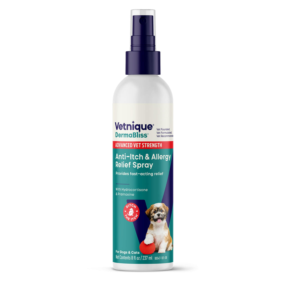 Vetnique Dermabliss anti-itch spray bottle ready for fast pet itch relief