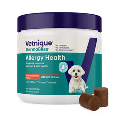 Vetnique DermaBliss bottle with chews promoting seasonal itch relief.