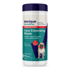 Vetnique Dermabliss dog face wipes for wrinkles cleanse folds and deodorize gently.