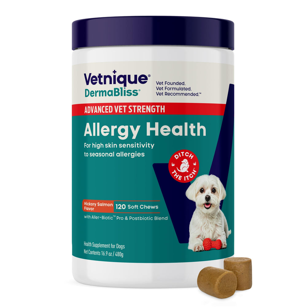 Vetnique DermaBliss Regular Strength dog chews bottle for daily seasonal allergy support.
