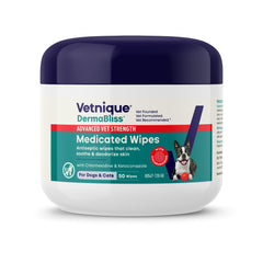 Vetnique Dermabliss wipes bottle front for canine skin care and irritation relief.