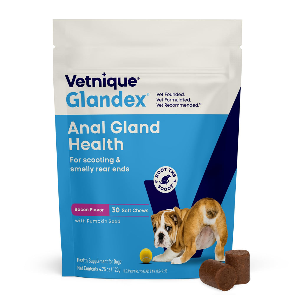 Vetnique Glandex bacon chews bottle for easy daily canine supplementation