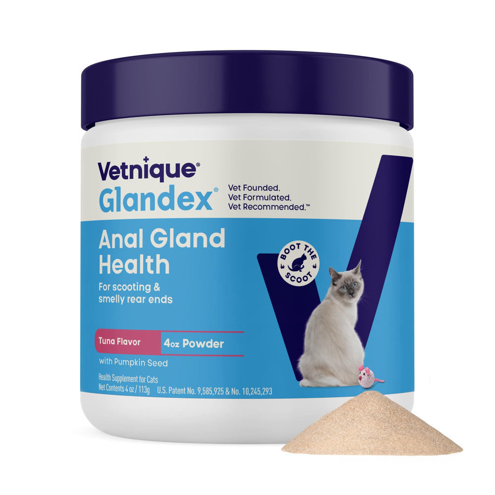 Vetnique Glandex cat anal gland powder bottle in tuna flavor supports digestion and routine.