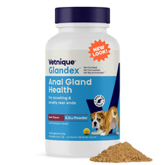 Close-up of Vetnique Glandex powder for dogs supporting healthy anal glands.