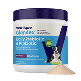 Vetnique Glandex dog probiotic powder tub for daily gut balance and immune support.