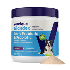 Vetnique Glandex dog probiotic powder tub for daily gut balance and immune support.