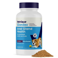 Vetnique Glandex powder supports dog anal glands and digestive comfort.