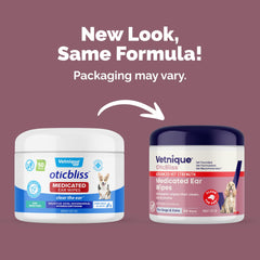 Close-up of Vetnique Oticbliss label highlighting medicated formula for ears.