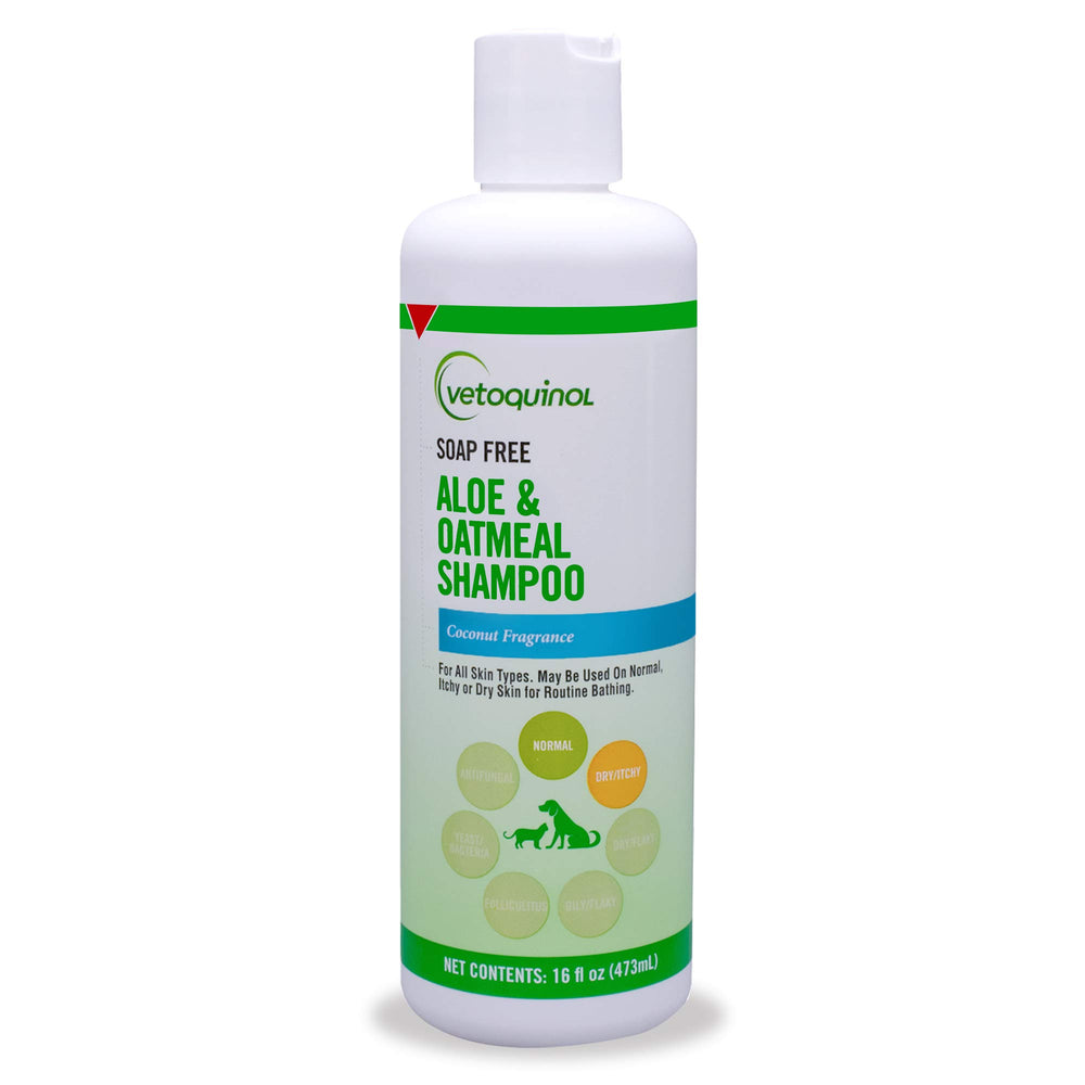 Vetoquinol Aloe Oatmeal shampoo bottle pour for gentle cleansing of pets