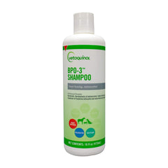 Vetoquinol BPO-3 Shampoo bottle top view highlights a medicated cleansing formula for pets.