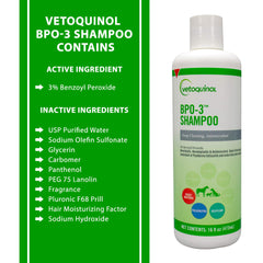 Vetoquinol BPO-3 Shampoo dog coat care closeup shows degreasing and thorough cleaning.