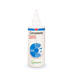 Vetoquinol Cerumene ear cleanser bottle pour eases earwax softening for dogs and cats.
