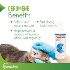 Vetoquinol Cerumene ear cleanser dog ear-care scene shows safe, fast-drying use.