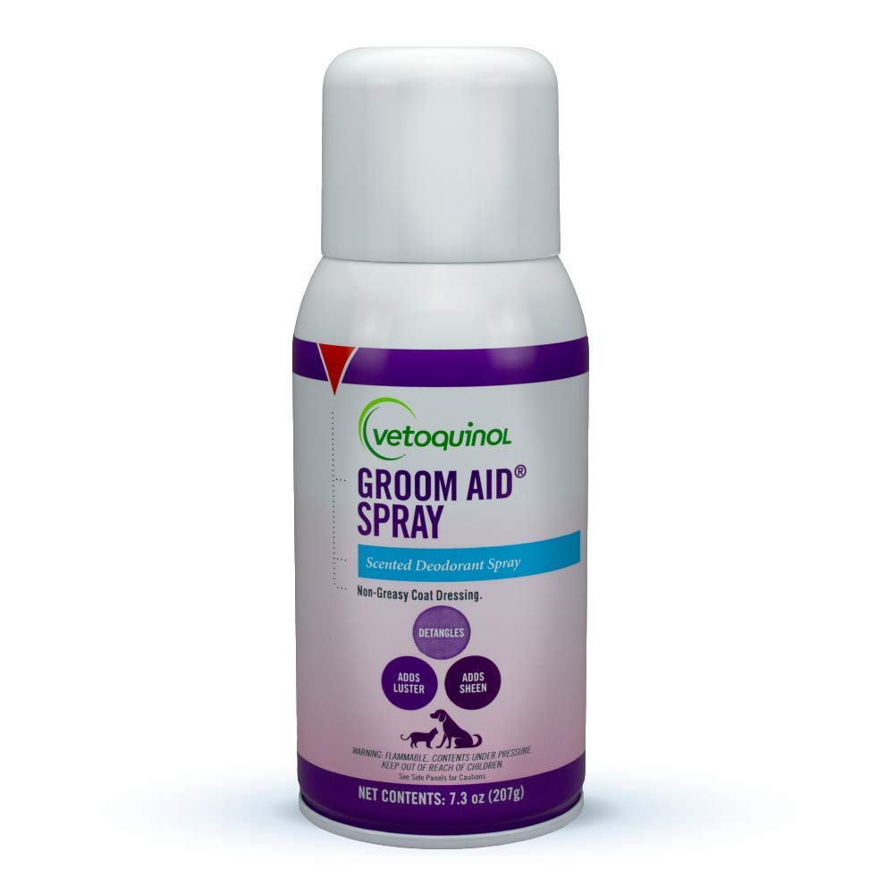 Vetoquinol Groom-Aid Spray helps pets achieve a silky coat after application.