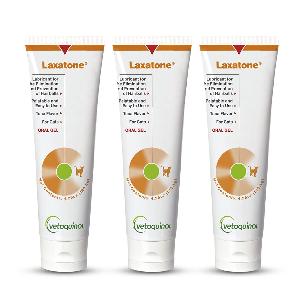 Vetoquinol Laxatone tuna-flavored gel tube for easy daily hairball care.