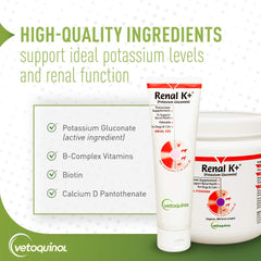 Vetoquinol Renal K+ powder mixed into meals for seamless supplementation.