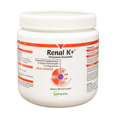 Vetoquinol Renal K+ tub front: palatable powder for pets' potassium balance.