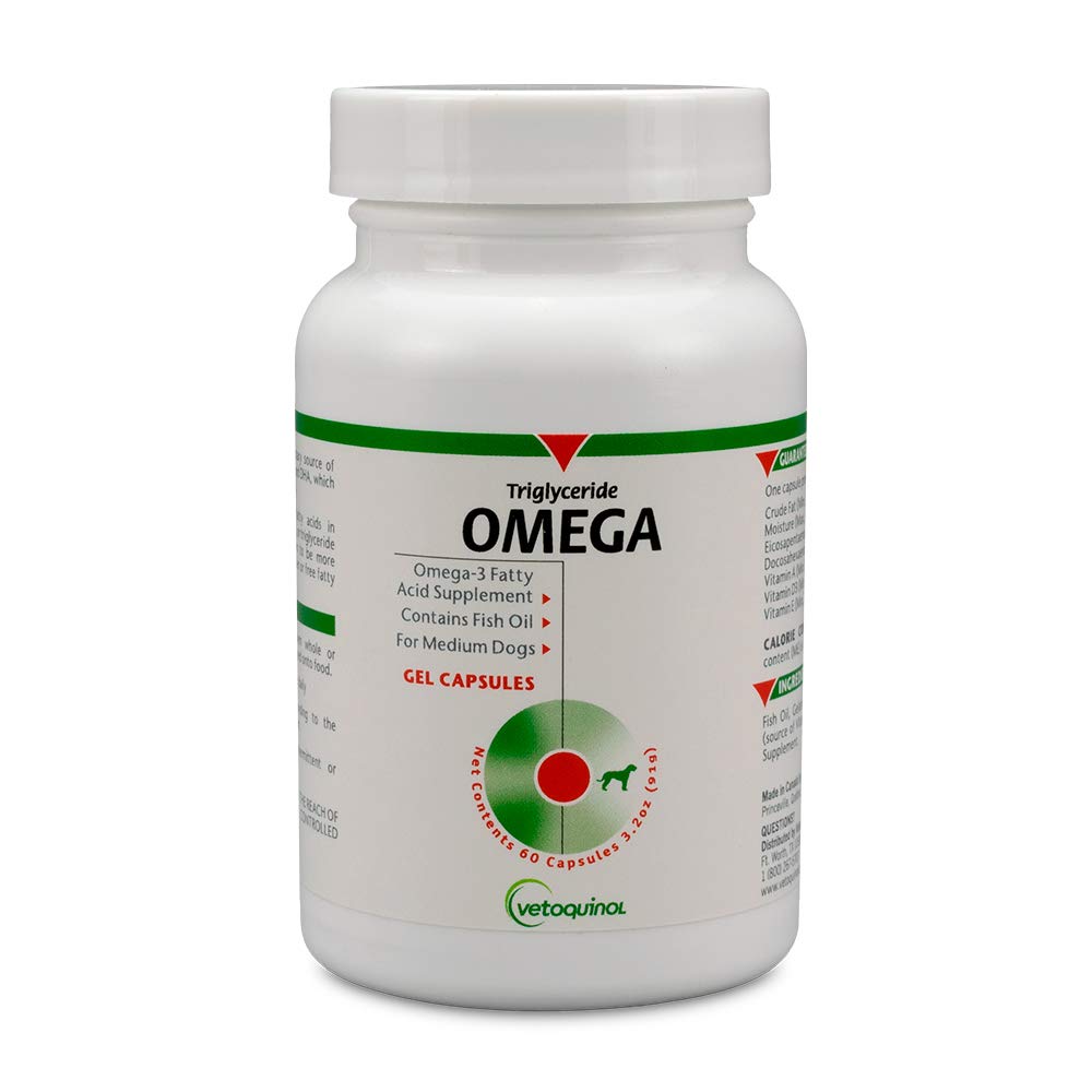 Vetoquinol Triglyceride Omega dog capsules 60ct promote healthy skin and coat.
