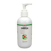 Vetoquinol Triglyceride Omega-3 liquid bottle poured into a pet's meal for healthy skin.