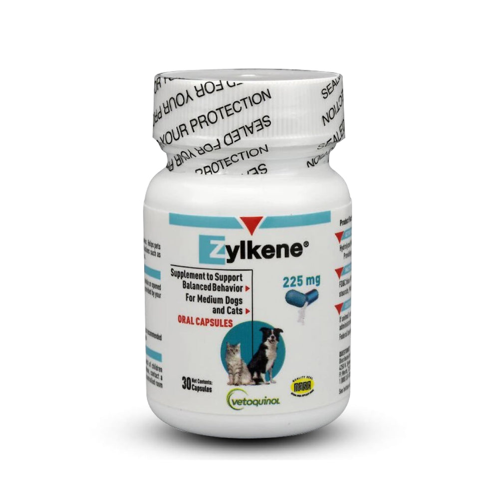 Vetoquinol Zylkene bottle for medium dogs supports calm daily routines.