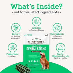 VetPro Complete ingredients list image communicates prebiotics and natural flavors for gut-friendly chew.