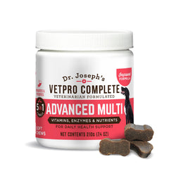 VetPro Complete bottle closeup showing a vet-designed multivitamin for dogs supporting overall wellness.