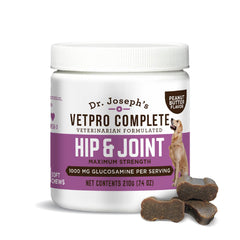 VetPro Complete dog hip joint supplement bottle showing easy daily chews for joint comfort.